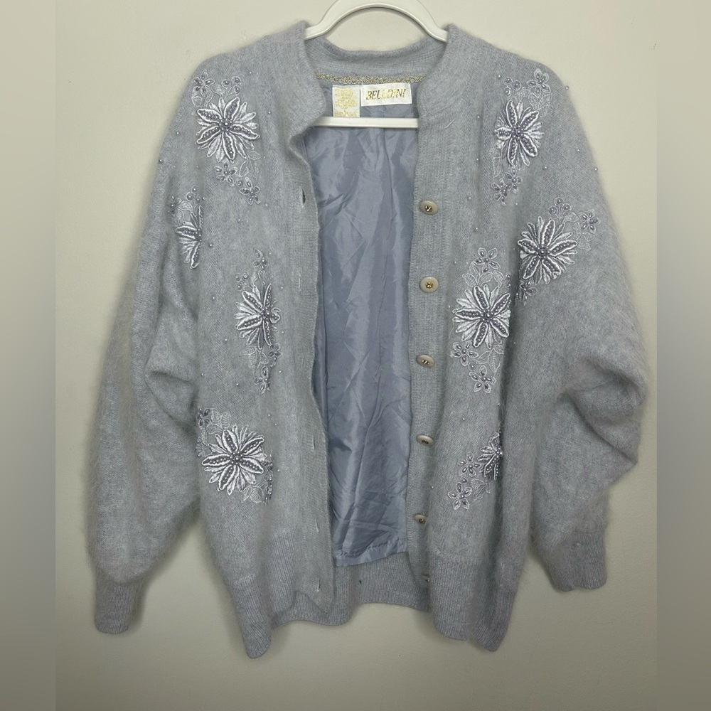 Vintage Pastel Blue Angora Rabbit Hair Lamb Wool Pearl Beaded Cardigan Sweater L - Picture 3 of 10